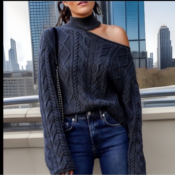 Sexy Choker Style Collar Off Shoulder Greyish Blue Knitted Sweater - Picture 2 of 5